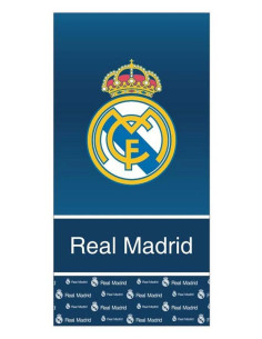 Toalla oficial del Real Madrid de microfibra azul con diseño multiescudos de 140x70 cm