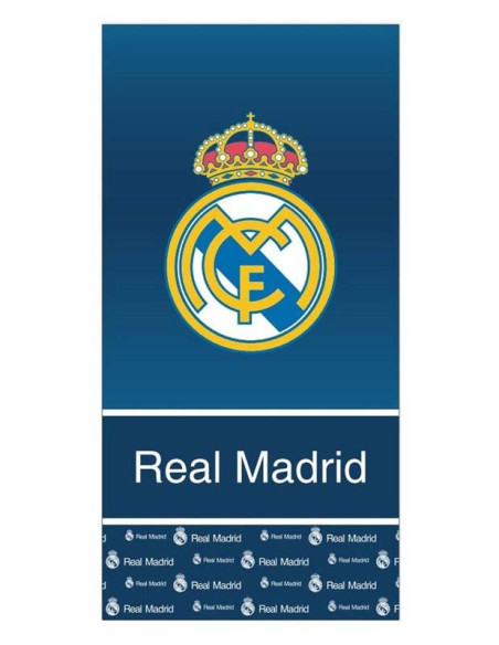Toalla oficial del Real Madrid de microfibra azul con diseño multiescudos de 140x70 cm