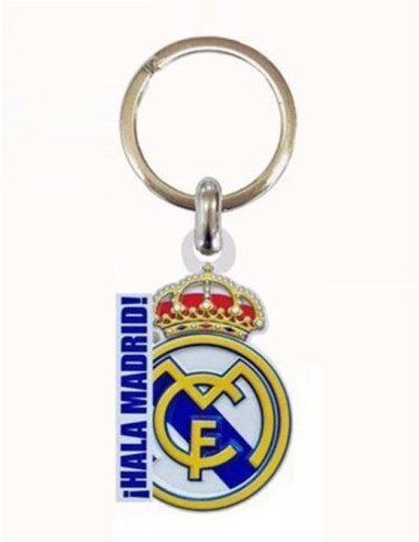 Llavero oficial del Real Madrid con el escudo del club y la leyenda Hala Madrid