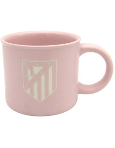 Vista frontal de una taza grande de 430 ml del Atlético de Madrid de color rosa