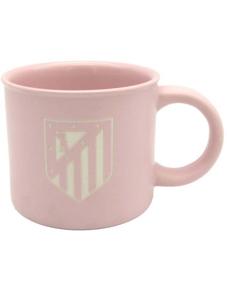 Vista frontal de una taza grande de 430 ml del Atlético de Madrid de color rosa