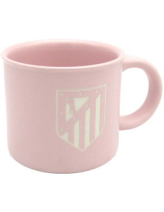 Vista frontal de una taza grande de 430 ml del Atlético de Madrid de color rosa 2