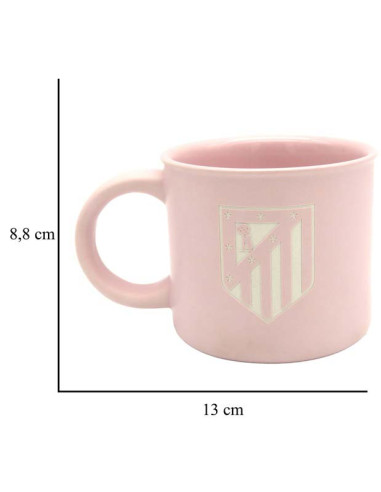 Fotografía de la taza grande rosa del Atlético de Madrid de 430 ml mostrando sus medidas de altura y diámetro