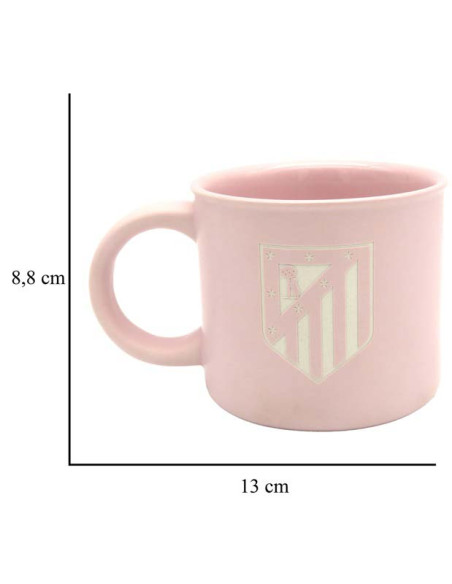 Fotografía de la taza grande rosa del Atlético de Madrid de 430 ml mostrando sus medidas de altura y diámetro
