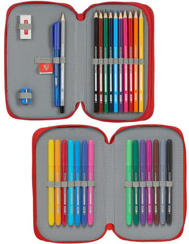 Plumier doble Sevilla FC 28 con piezas escolares vista interior pinturas y rotuladores