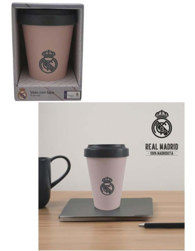 Vaso rosa Real Madrid para llevar café a la oficina