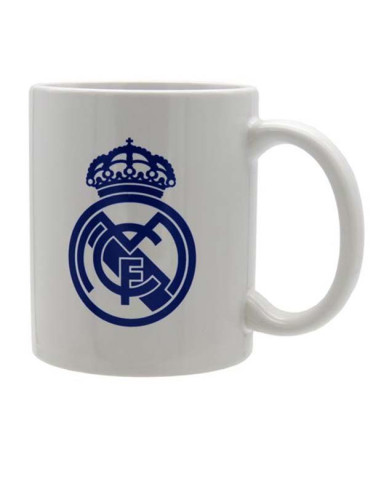 Taza blanca de cerámica con escudo azul Real Madrid