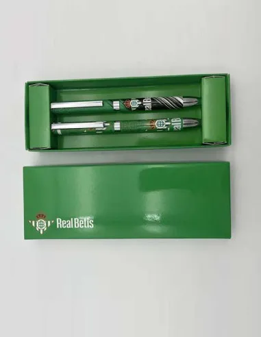 Set 2 bolígrafos metálicos Real Betis en caja de regalo vista caja regalo